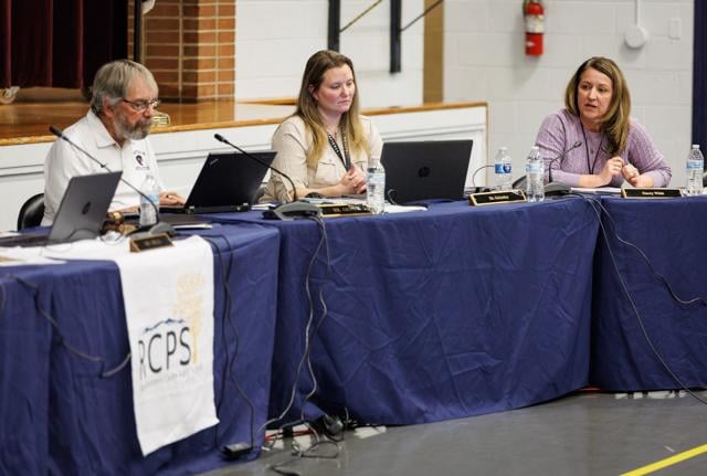School Board member Larry Grove, RCPS Superintendent Shannon Grimsley and Chief Financial Officer Stacey Whitt at Tuesday night’s meeting.