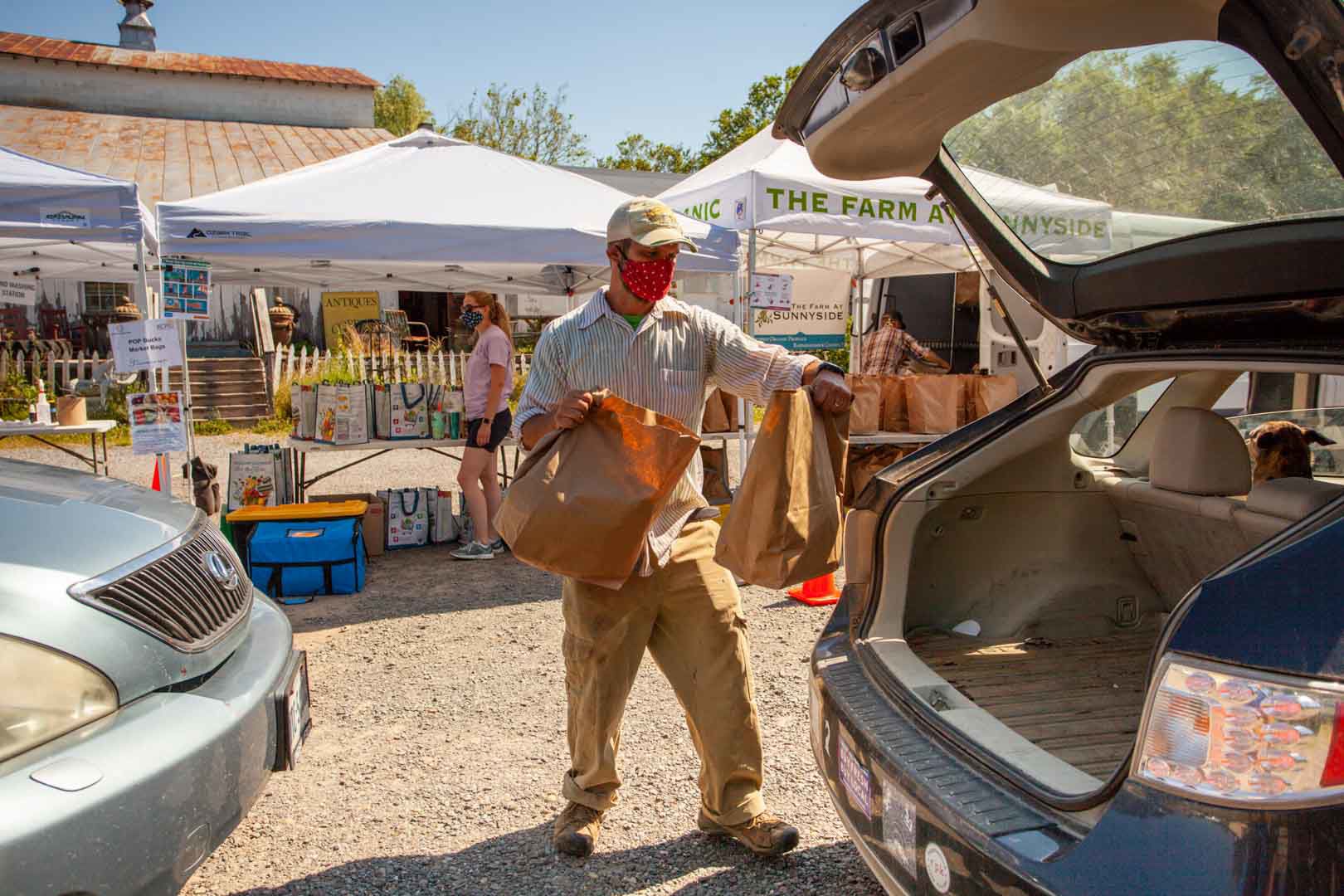 Casey Gustowarow of The Farm at Sunnyside loads a customer up with produce at the drive-thru Rappahannock Farmers’ Market.