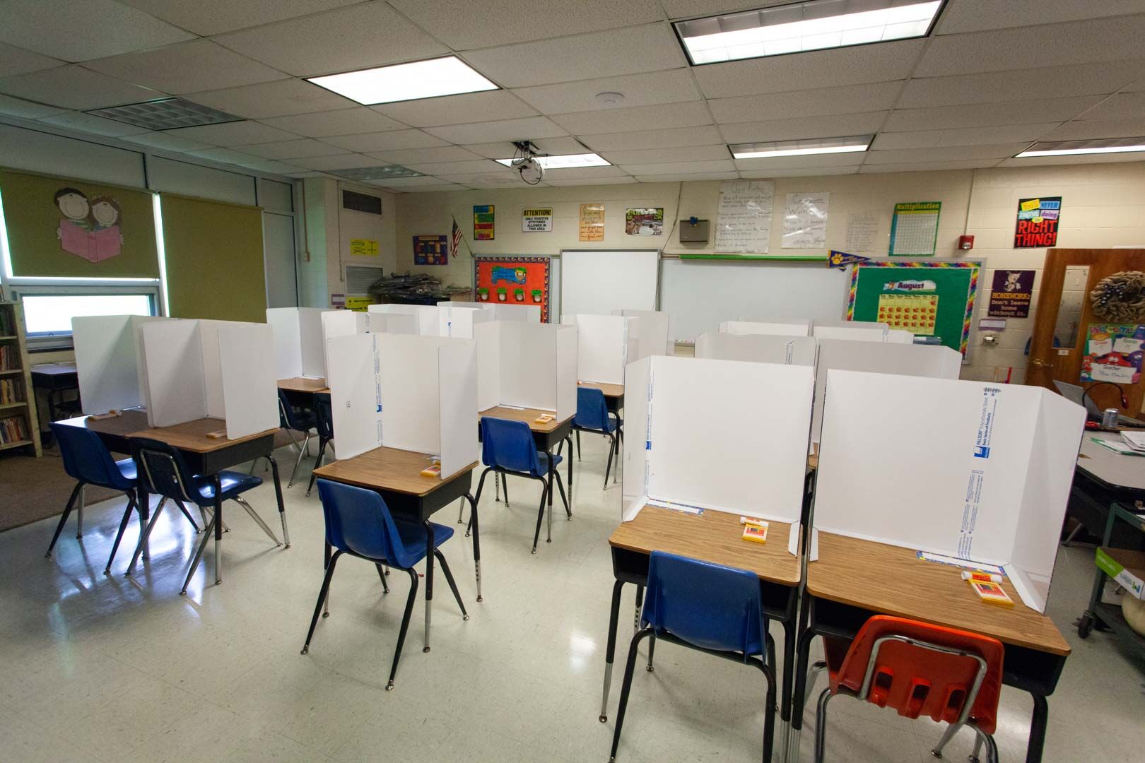 Protective barriers in a classroombefore the white shipping film was removed.