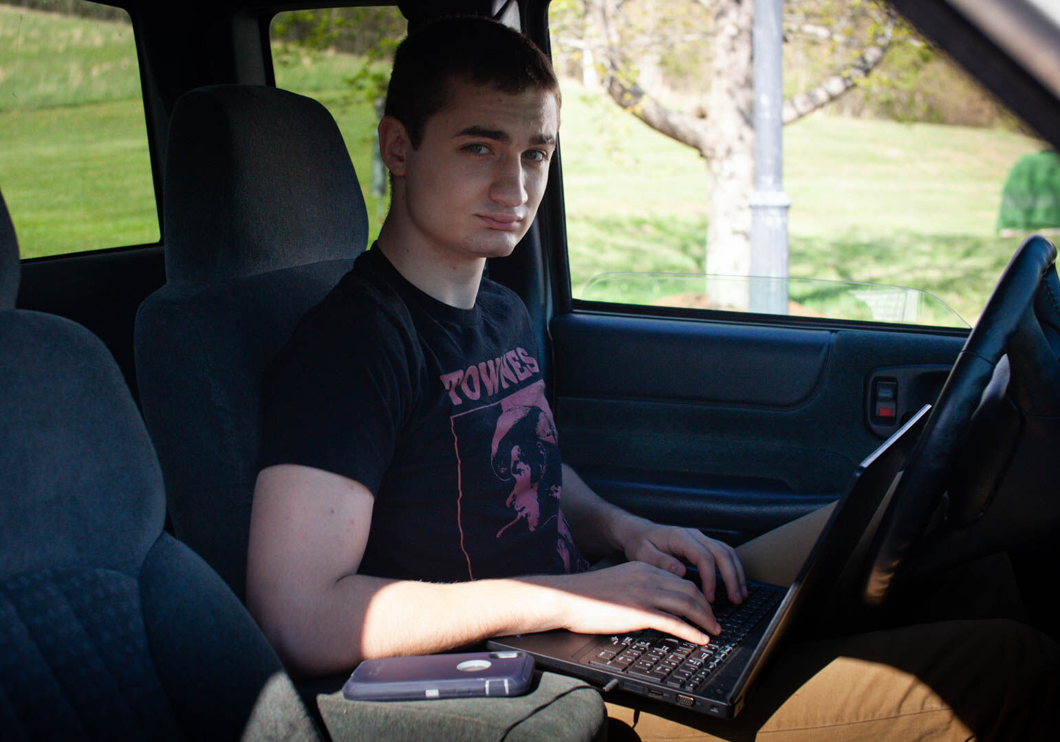 April 21: Like other Rappahannock- based students whose colleges are closed, Drake Lynn, a 2018 graduate of Rappahannock Public High School, uses the RCPS Hotspot Hub at the library for his coursework at Virginia Tech.