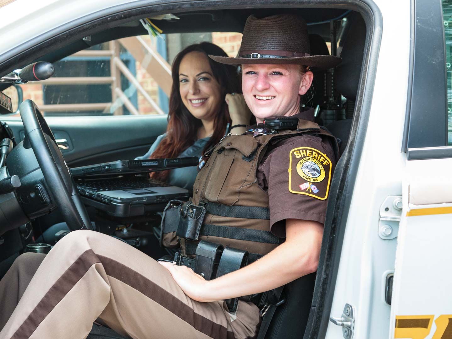 Therapist Justine Burns rides along with Fauquier County Sheriff’s Deputy Alexyn Morgan. “The sheriff’s deputies have done a really good job of making me feel they have my back,” Burns said.