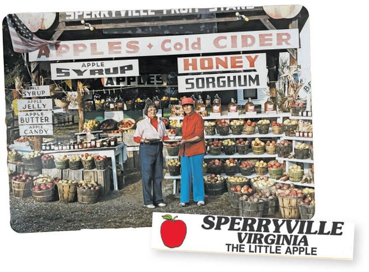 Sperryville rewind: Emma Estes Swindler and Annabelle Estes Swindler at the Sperryville Fruit Stand (across from the bridge from the Sperryville Rescue Squad), circa 1980. Below, a bumper sticker with the village’s old nickname.