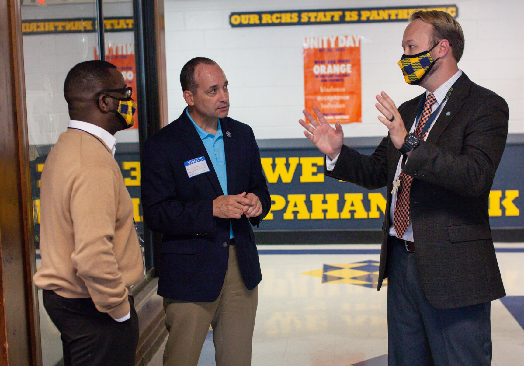 U.S. Rep. Bob Good, center, visited the high school in October and urged students to resist mask mandates.