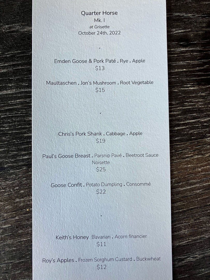 A recent Quarter Horse pop-up menu dinner menu.