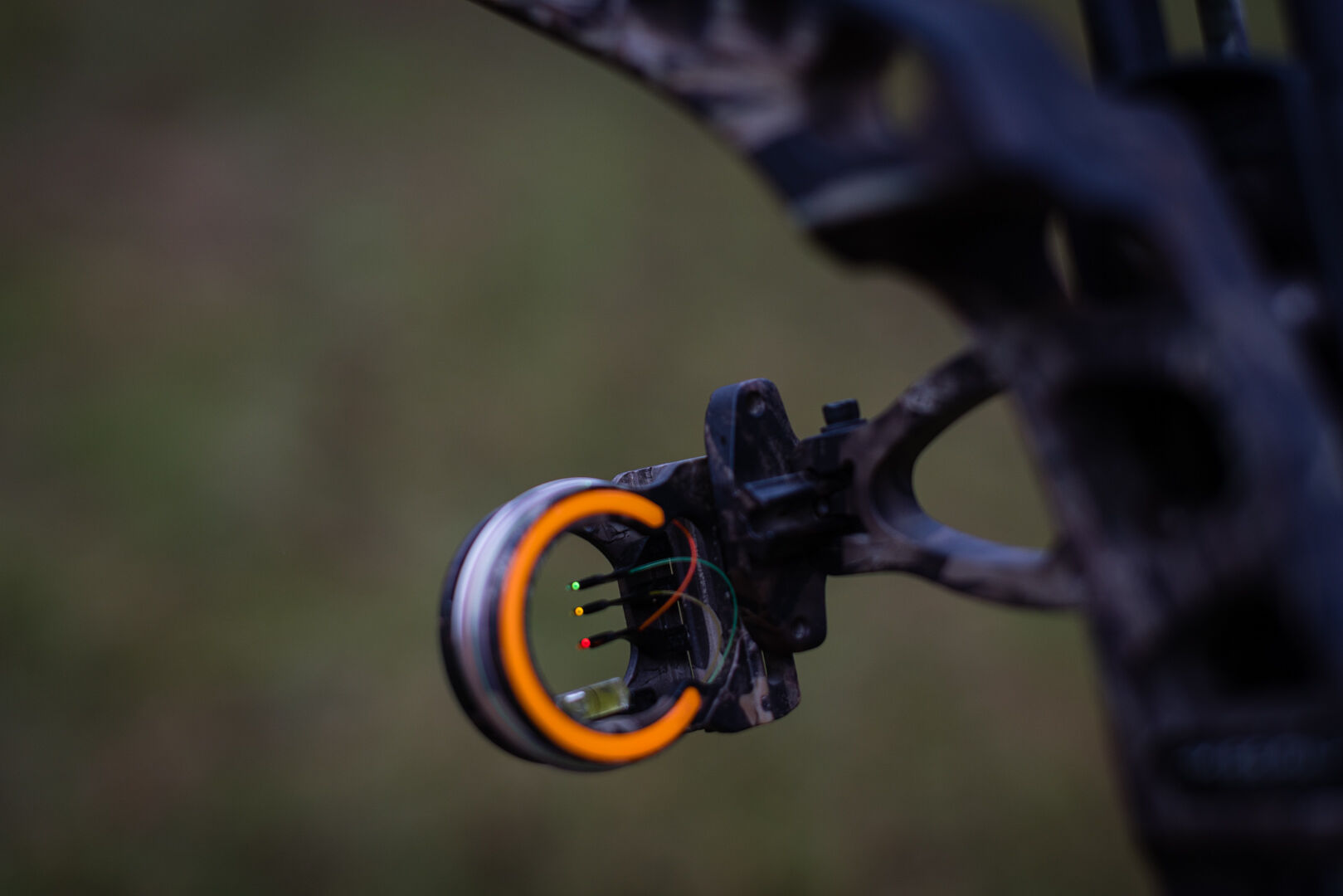Day’s compound bow has bright pin fiber optic sights that glow in the lowlight of optimal hunting hours.