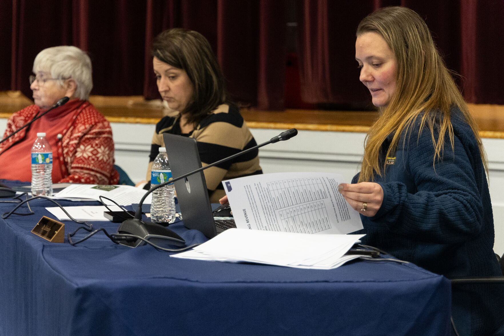 Rappahannock County Public Schools Chief Financial Officer Stacey Whitt, center, and Superintendent Dr. Shannon Grimsley at Tuesday’s School Board meeting.