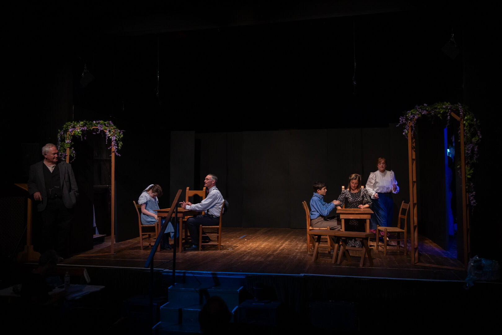Hugh Hill (left) as the Narrator in an "Our Town" rehearsal.