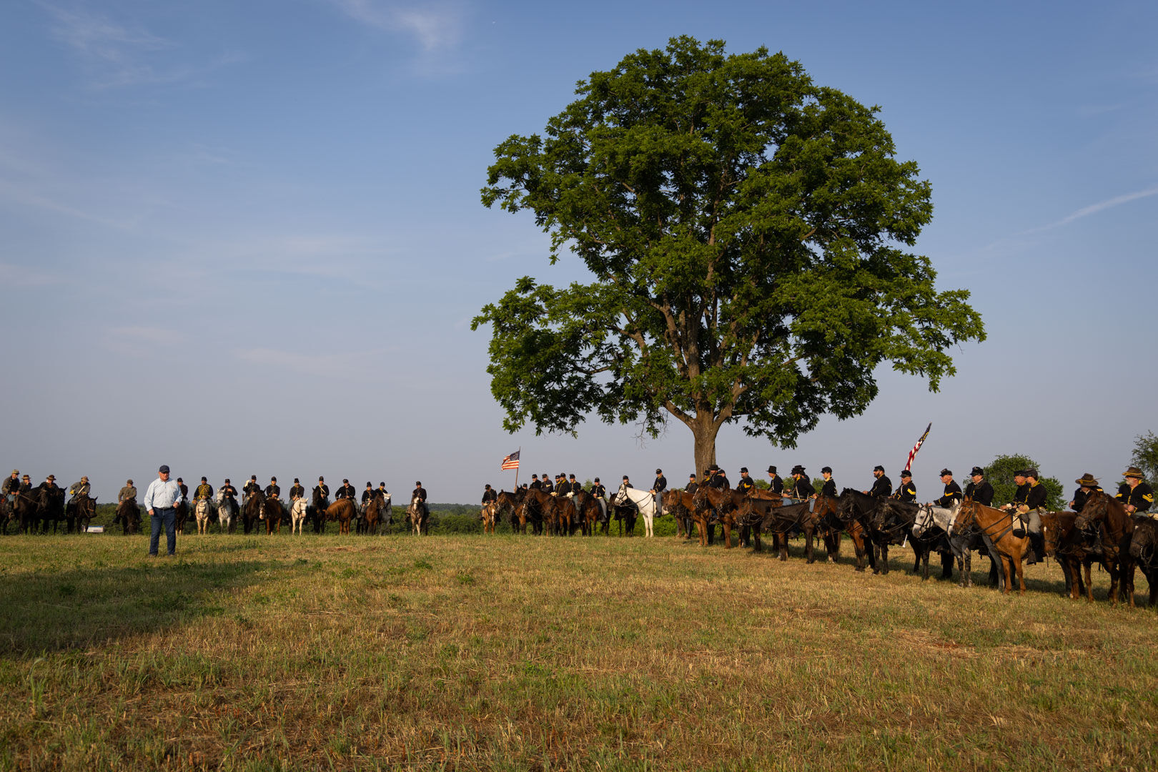 Clark “Bud” Hall, the Battle of Brandy Station’s principal historian (and founding board member of American Battlefield Trust), speaks about the Fight for Fleetwood Hill for the reenactors.