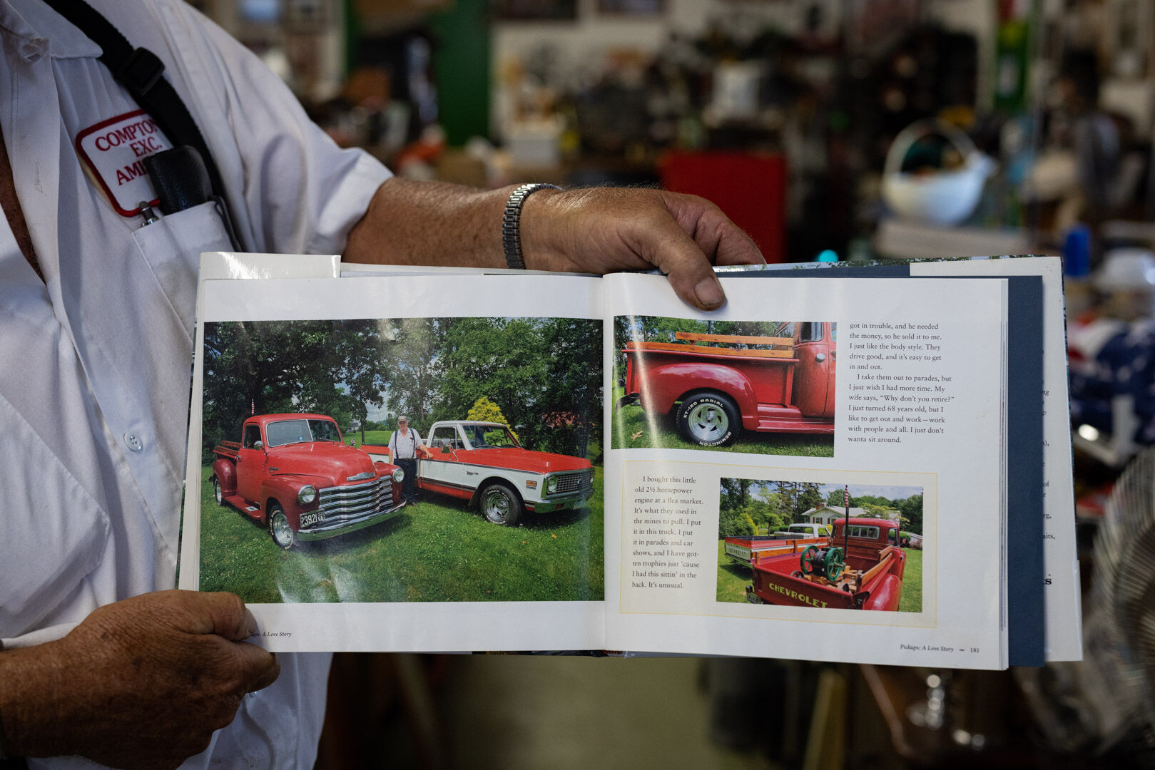 Compton is a ‘Chevy man’ and two of his favorites, ‘49 and ‘72 were featured in the book “Pickups, A Love Story.” Compton brings these two trucks along with nine John Deere tractors to the Fourth of July to add to the festivities.