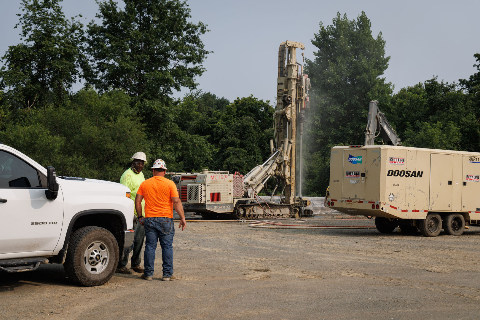 The metal pipes are drilled about 5 to 8 feet into the bedrock until they refuse, then filled with cement and rebar for reinforcement. They are placed about every eighth feet and referred to as ‘micro piers.’