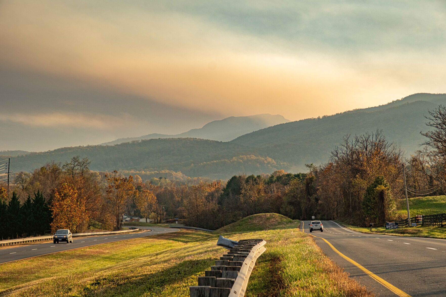 Smoke from the wildfire hovers around Old Rag on Saturday, Nov. 4, around 5 p.m. as seen from Route 211 and Kilby Farm Lane near Sperryville.