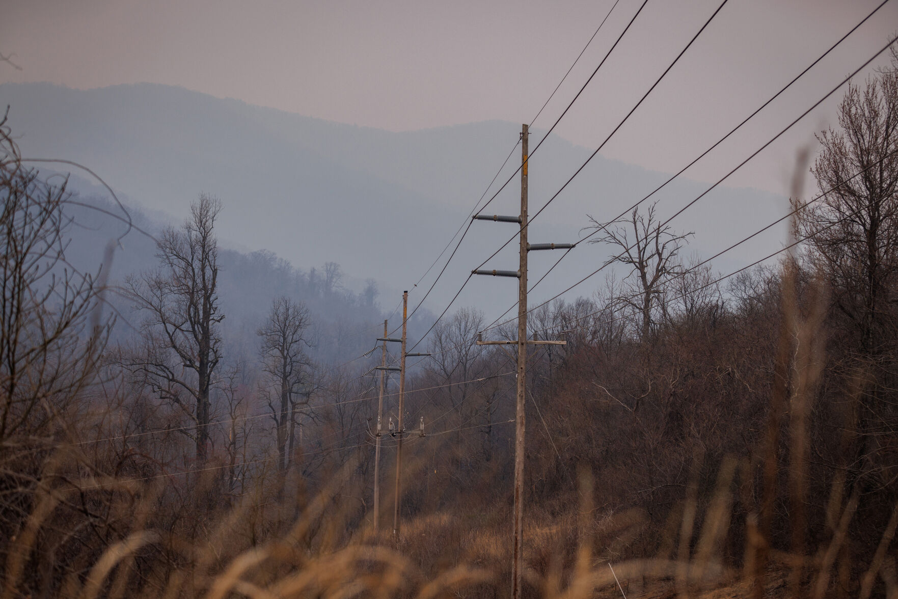 A small power line crosses Shenandoah National Park near Sperryville at the Thornton Gap entrance intersecting Skyline Drive.