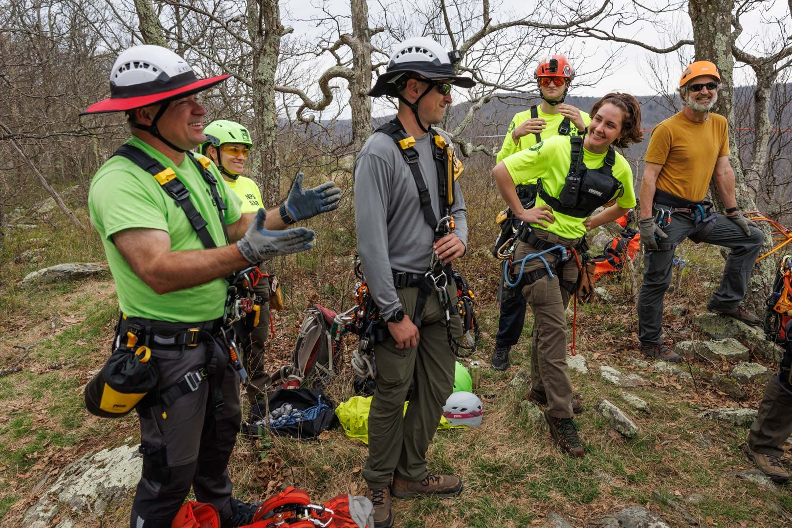 Preventive SAR Ranger Avery Shirvani (second right) began working at the park as a seasonal Ranger in 2019 and now is permanent. She, too, was a psychology major in college and uses her people skills to encourage visitors to take sensible precautions when venturing into the park. “Shenandoah is not a Western park like the Grand Canyon so they have a tendency to underestimate the trails here,” she said. In the rescue business, “we work normal hours – but you never know when you’re going to get off work.”