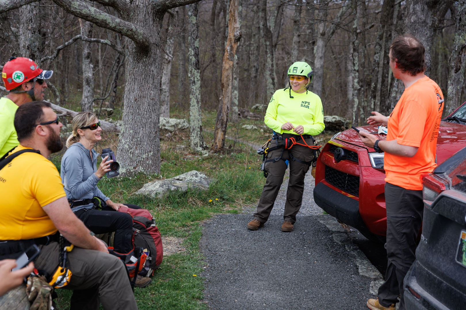 Chief Ranger Cynthia Sirk-Fear keeps the mood light during a lunch break from SAR training at Franklin Cliffs in Shenandoah National Park.