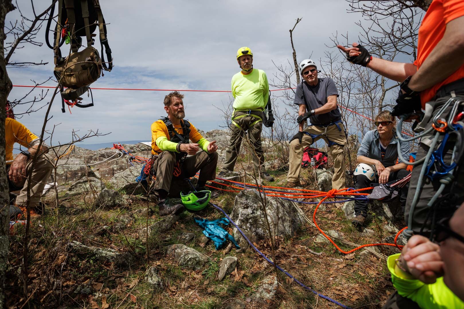 Supervisory Ranger Kevin Moses with rescuers during the training exercise atop Franklin Cliffs in Shenandoah National Park.