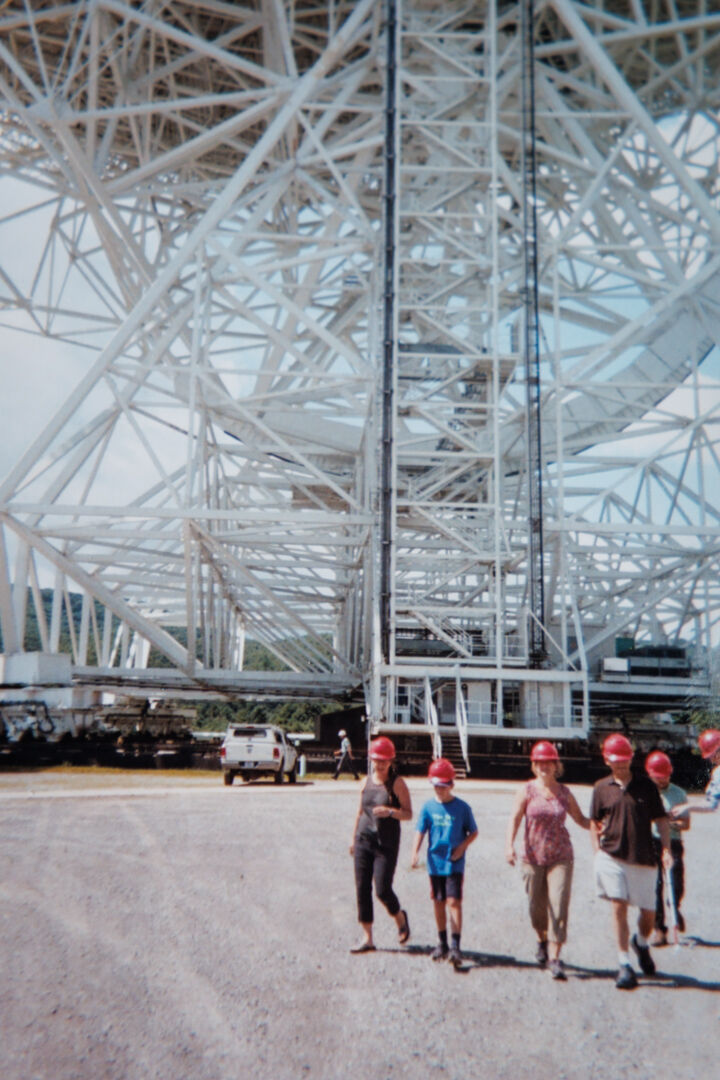 The Tatel family visits the West Virginia observatory where an 85-foot dish telescope is named for David’s father, Howard E. Tatel, a pioneer in radio astronomy. Seen here is the 328-foot GBT at that observatory.