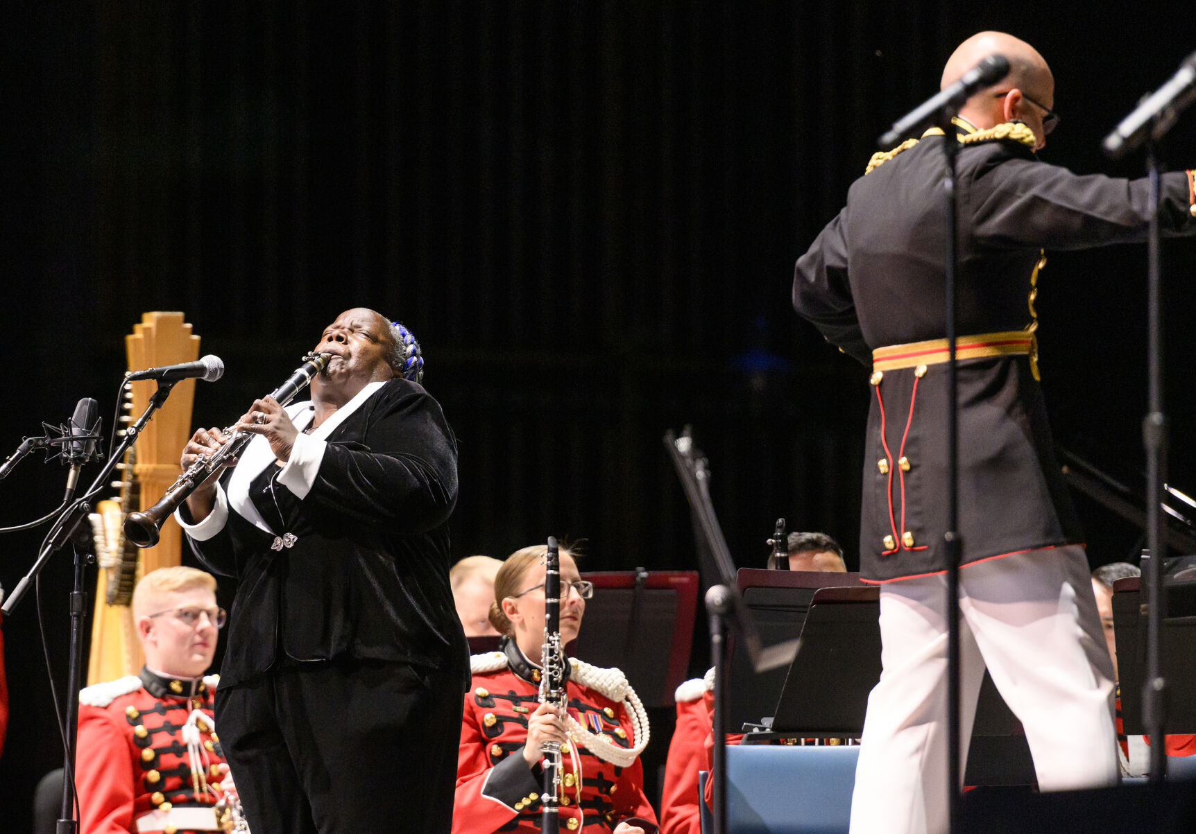 Jazz clarinetist Doreen Ketchens performing with the United States Marine Band, "The President's Own," wows the crowd at the kickoff of Wolf Trap's summer season on May 31. She performs at Avon Hall in the Town of Washington on July 6 at a free Celebrate America Concert.