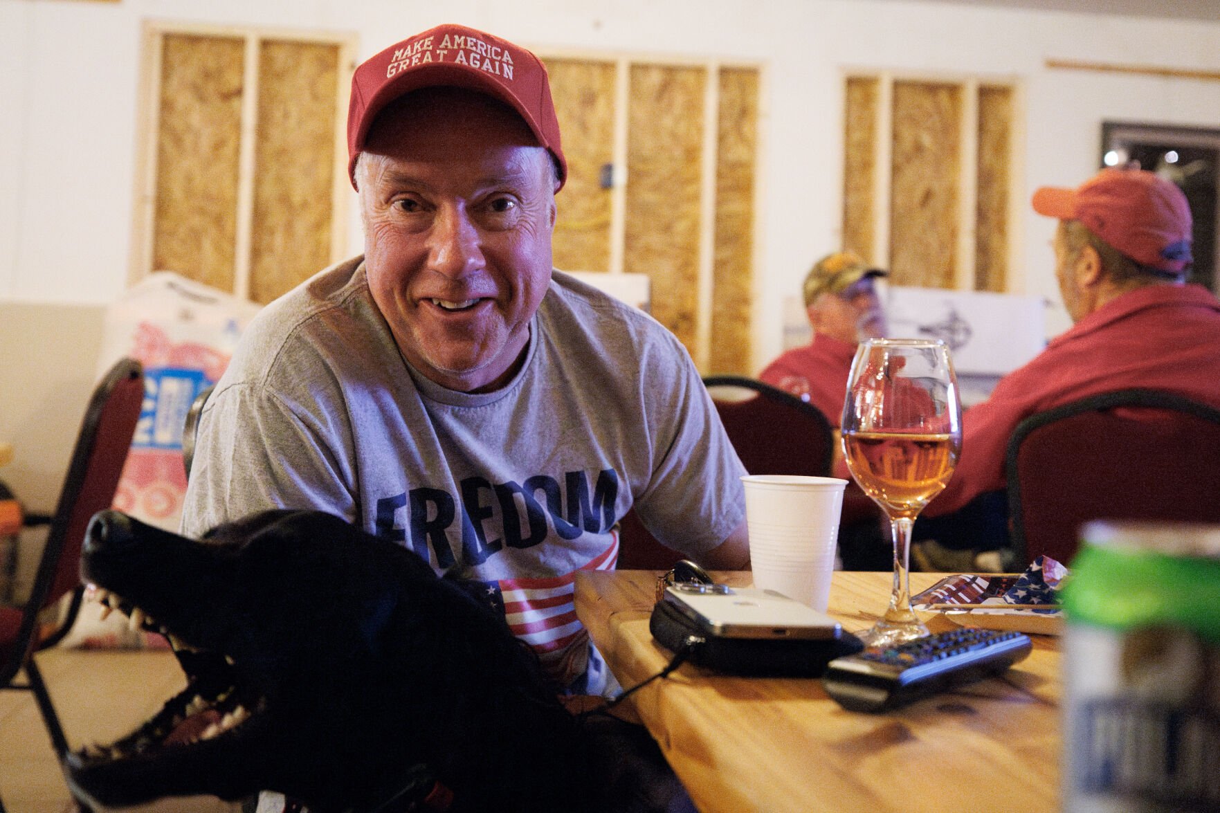 Former Rappahannock Republican Committee Chair Terry Dixon with his dog Beauregard at a Republican watch party at Quievremont Winery.