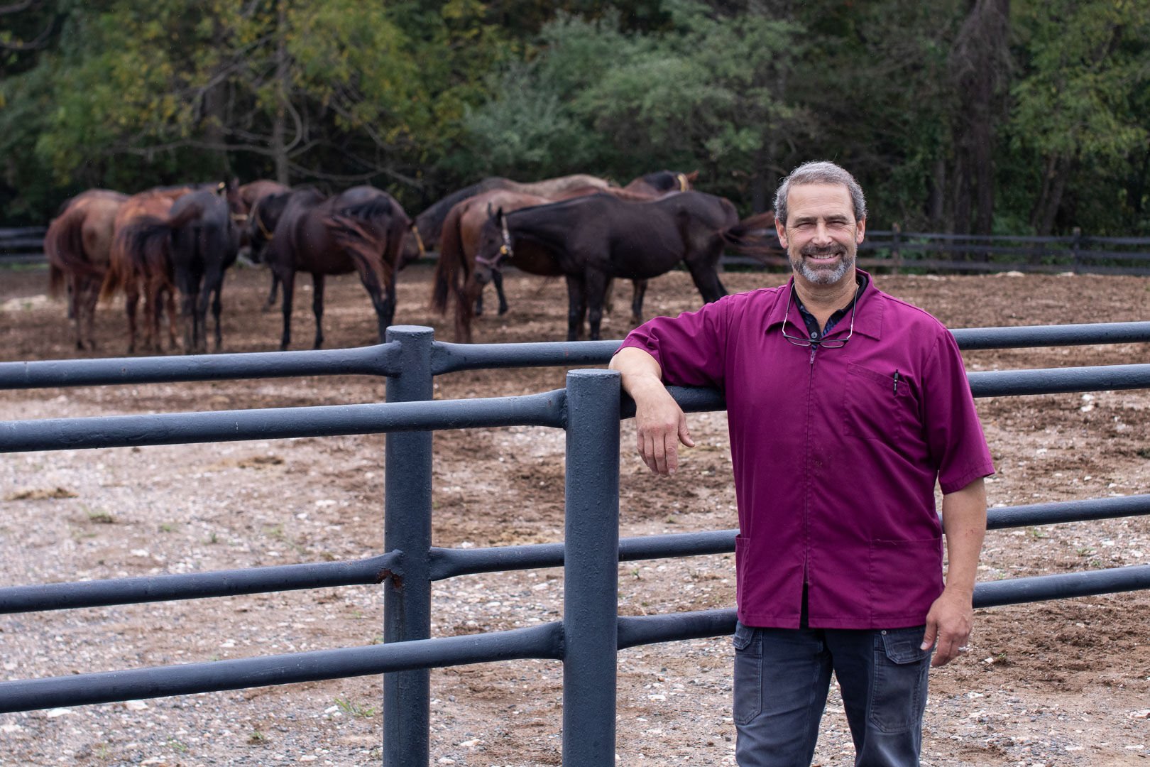Dippert poses for a photo with some of the members of the facility's "recipient herd," a herd of 70 mares that serve as surrogate mothers.