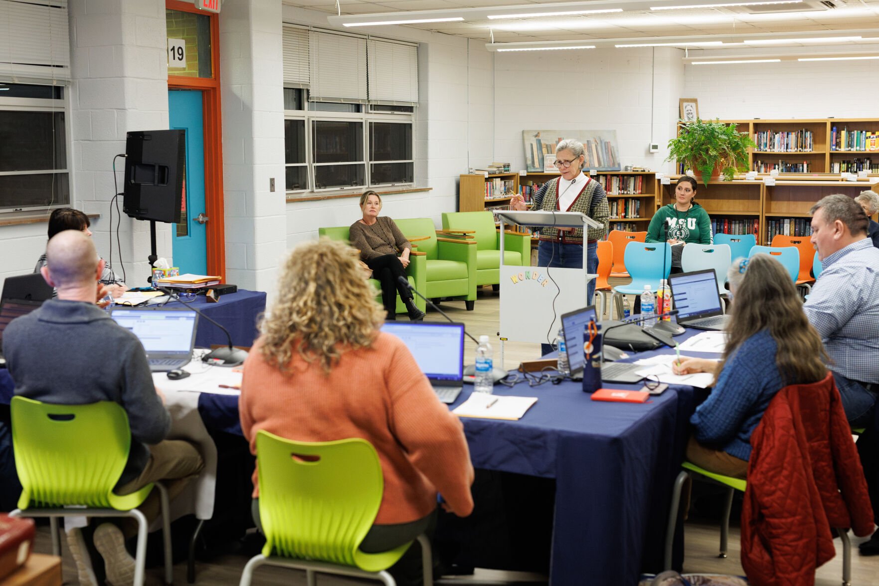 Betsy Dietel addresses Tuesday's school board meeting.