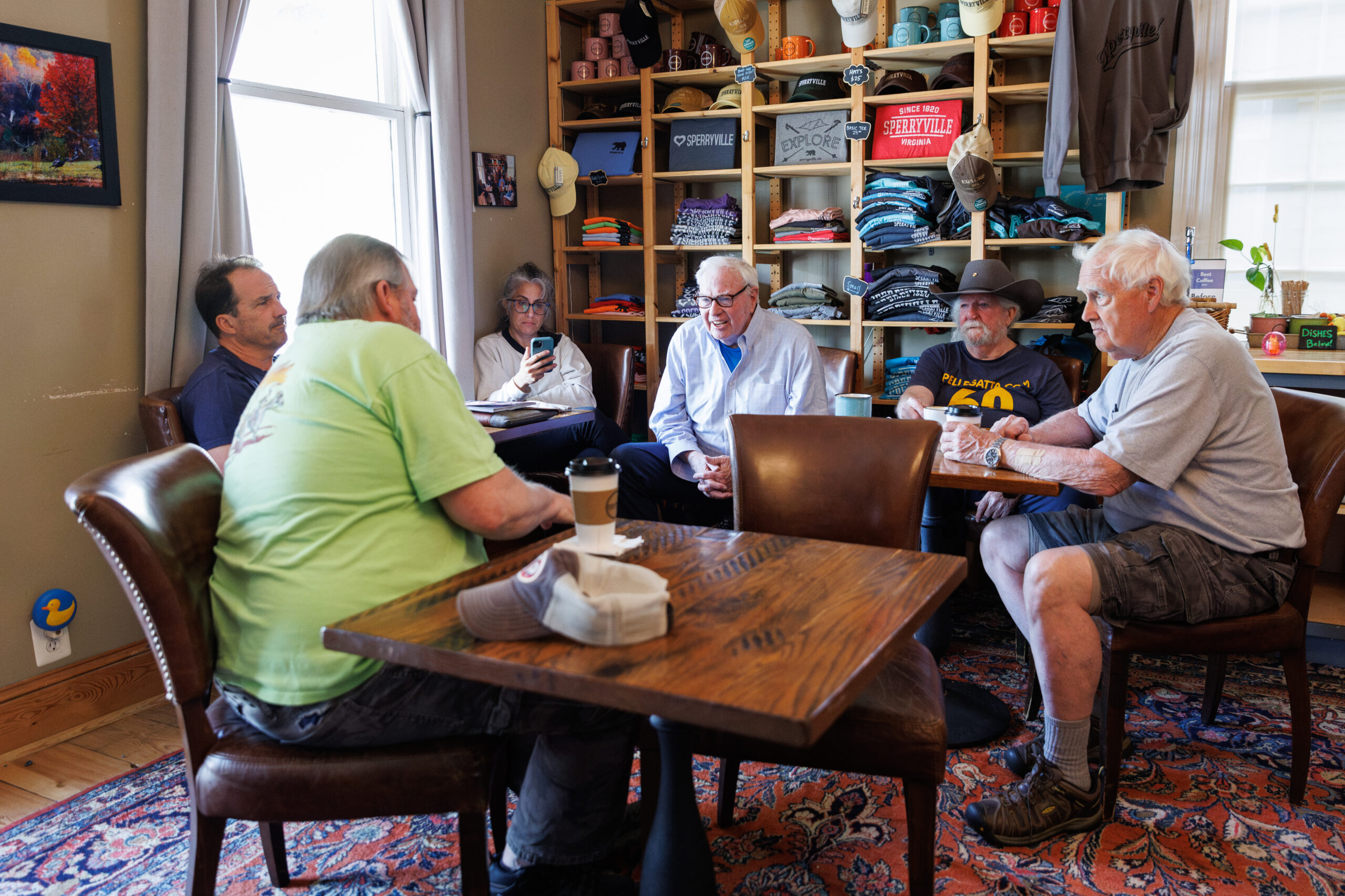 Doug Elkins, Brett Sechrest, Sheida Jafari, Ed Timperlake, Ted Pellegatta and Ted Goshorn gather at Before & After coffee shop in Sperryville.